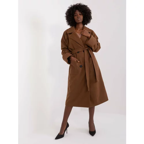Fashion Hunters Brown long women's coat with belt