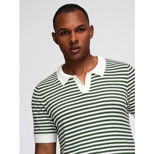 Ombre Men&amp;#039;s knitted buttonless polo shirt with navy stripes - white and olive Slike
