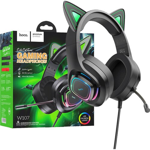 hoco. Slu&scaron;alice sa mikrofonom, gaming, USB/3.5 mm, LED - W107 Cute Cat Black/Green Cijene