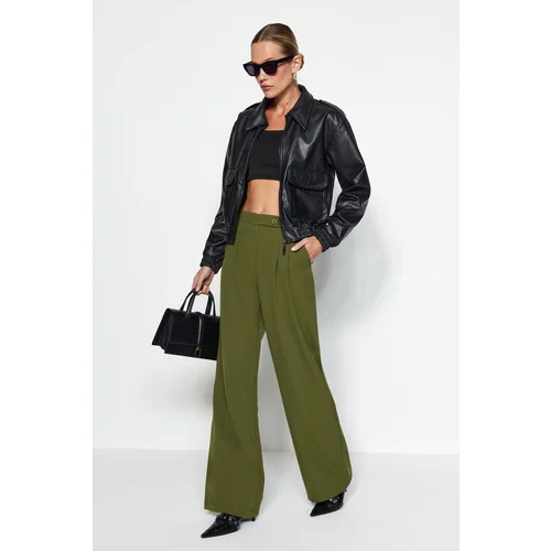 Trendyol Dark Khaki Wide Leg Wide Leg High Waist Weave Trousers