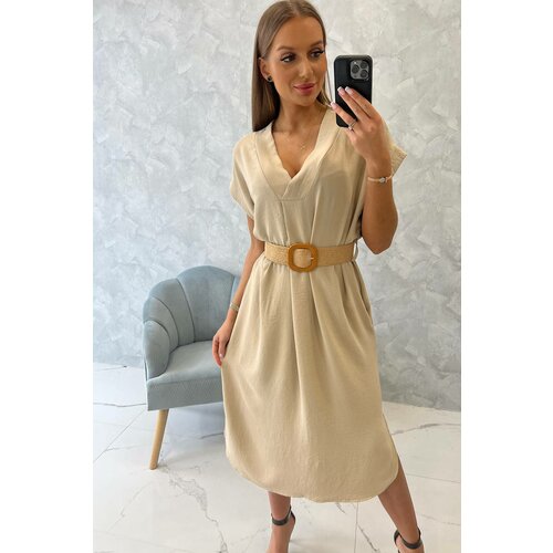 Kesi Dress with a decorative belt of beige color Slike