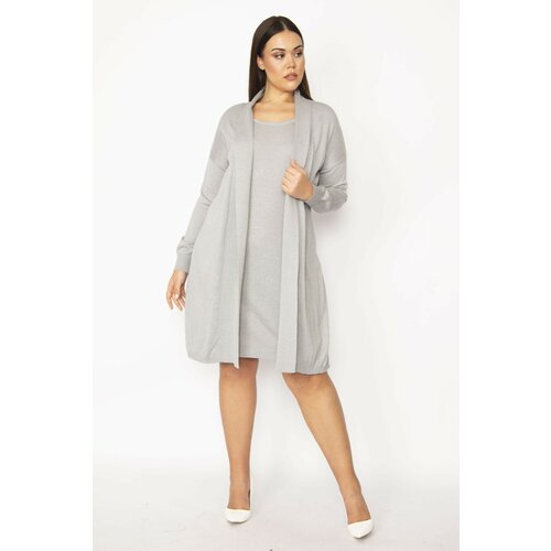Şans Women's Plus Size Gray Front Part Dress Cardigan Slike