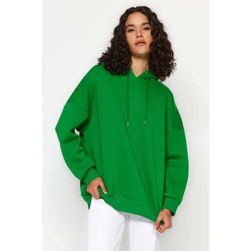 Trendyol Green Printed Back Oversize/Wide-Cut Hooded Fleece Knitted Sweatshirt