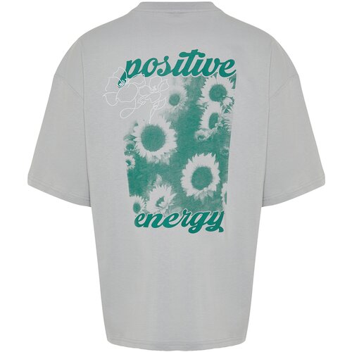 Trendyol Gray Men's Oversize/Wide Cut Crew Neck Flower Printed 100% Cotton T-Shirt Slike