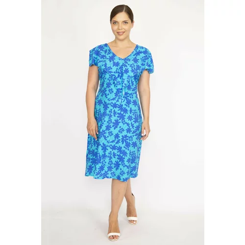 Şans Women's Blue Plus Size Woven Viscose Fabric Collar Flounce Dress