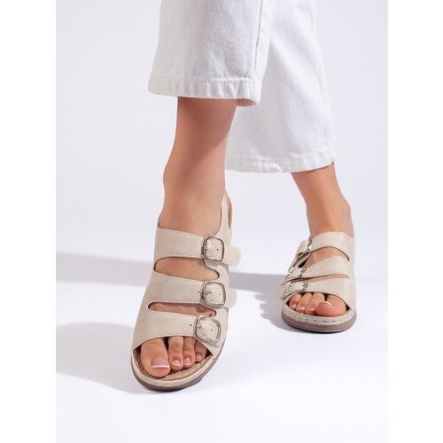 Shelvt Women's beige low wedge sandals Cene