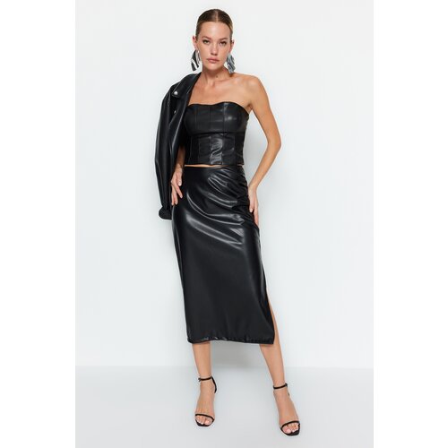 Trendyol Black Faux Leather Midi Skirt Slike