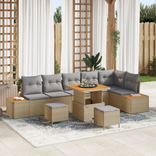 9 Dijelni Vrtni Sofa Set s Jastučićima Bež Poly Ratan Akacija Slike