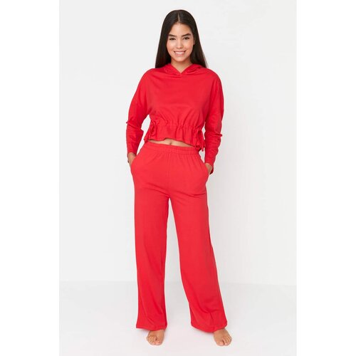 Trendyol Red Hooded Waist Detailed Knitted Pajamas Set Slike