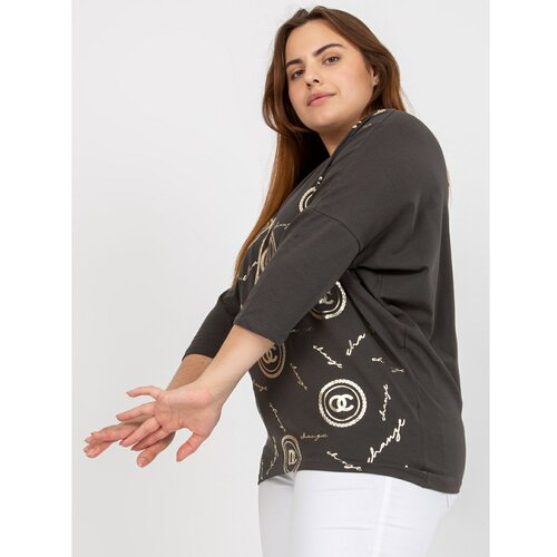Fashion Hunters Khaki cotton plus size blouse with a print Slike
