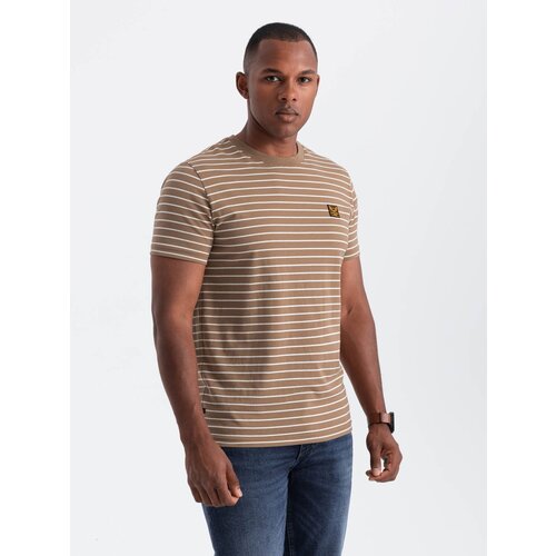 Ombre Men&amp;#039;s striped t-shirt with Design patch - brown and white Slike