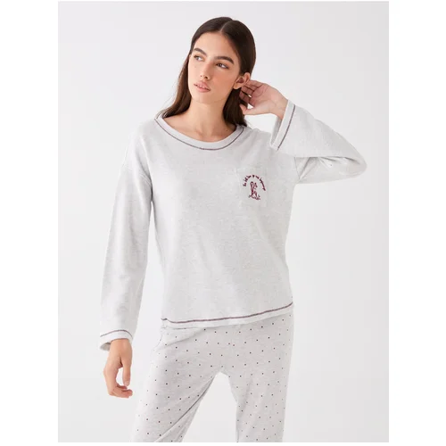 LC Waikiki Women's Crew Neck Embroidered Long Sleeve Fleece Pajamas Top