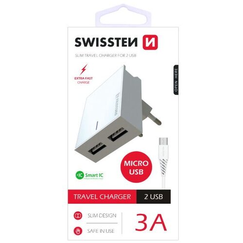 Swissten punjač za AC220, 2xUSB, 3A, SMART IC, držač, bijeli + microUSB kabel Slike
