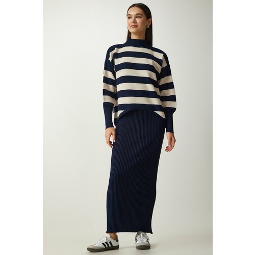 Happiness İstanbul Women's Navy Blue Striped Sweater Dress Knitwear Suit Slike