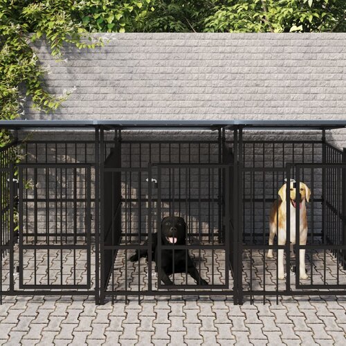 vidaXL Zunanji pasji boks s streho jeklen 5,63 m&sup2; - - črna - 96.55 - 297 x 198 x 128 cm - Cene