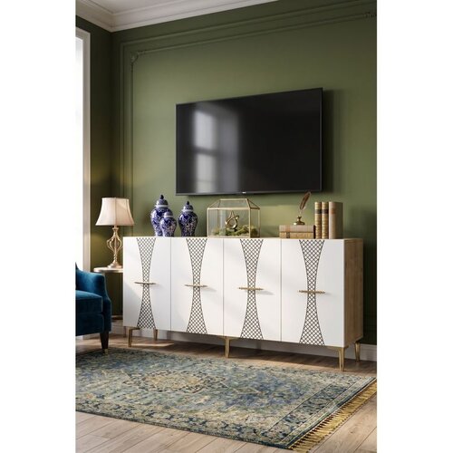 Hanah home komoda Slim 150, 150 cm, hrast Sapphire / bela / zlatna Cene