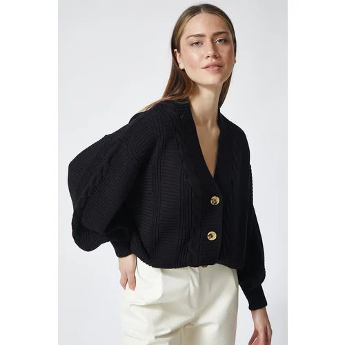  Women's Black Knitted Balloon Sleeve Loose Knitwear Cardigan