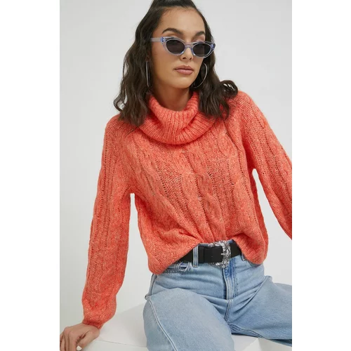 Only Pulover s dodatkom vune za žene, boja: narančasta, s dolčevitom