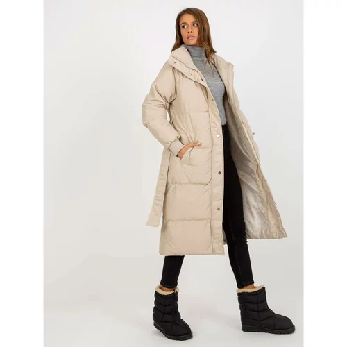 Fashion Hunters Light beige long quilted winter jacket with a belt