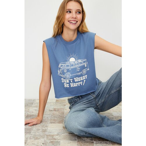 Trendyol Indigo 100% Cotton Printed Sleeveless Crop Crew Neck Knitted T-Shirt Slike