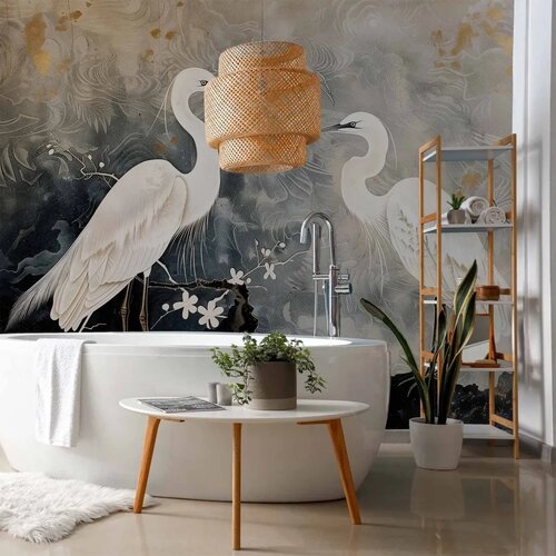  Foto tapeta - Herons and cherry blossoms - oriental-style illustration depicting birds 250x175 Vodootporna Slike
