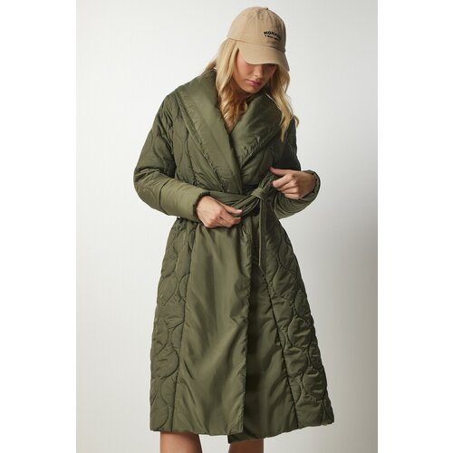 Happiness İstanbul Women's Khaki Belted Shawl Collar Quilted Coat Slike