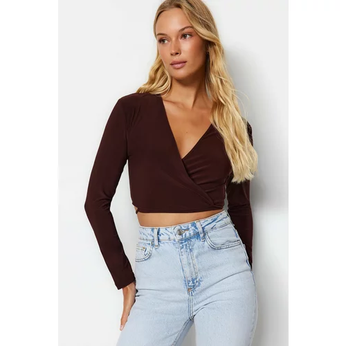 Trendyol Brown Double-Breasted Collar Fitted/Skinned Stretchy Blouse with Crop
