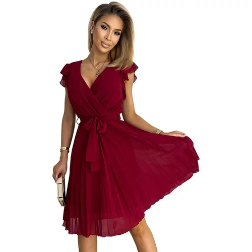 NUMOCO 374-2 POLINA Pleated dress with a neckline and frills - BORDEAUX