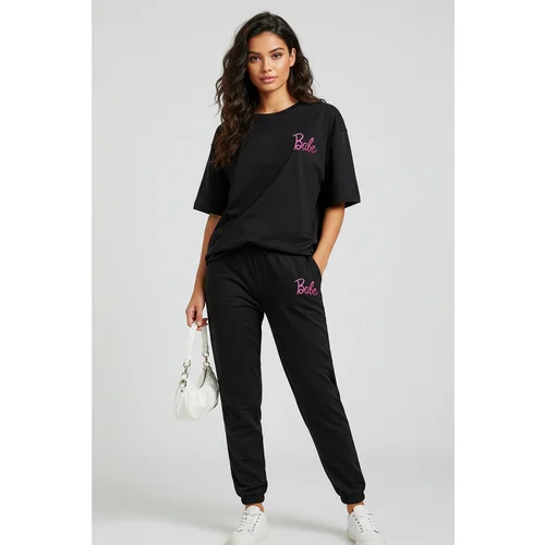 Trendyol Black Slogan Printed Knitted T-shirt Trousers Top-Bottom Set