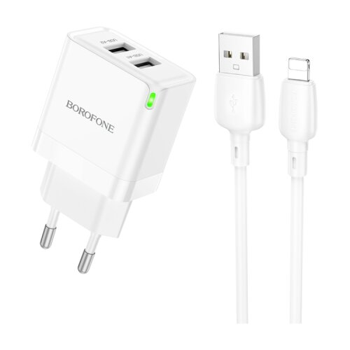 Borofone USB punjač sa kablom 1m USB to iPhone/lightning BN15 Strong dual-port set white Slike