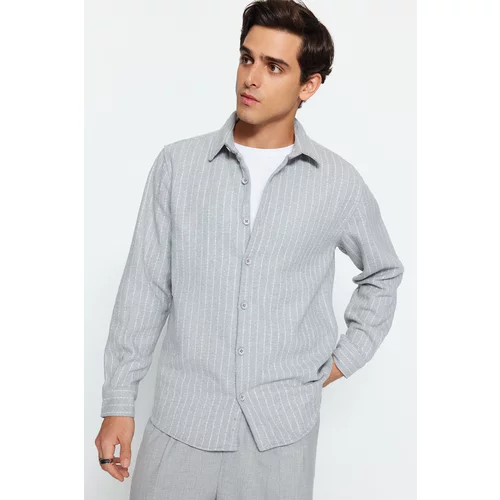 Trendyol Men's Gray Regular Fit Striped Thick Winter Shirt