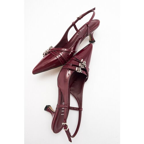 LuviShoes WOSS Burgundy Patent Leather Belt Detail Women's Heeled Shoes Cene