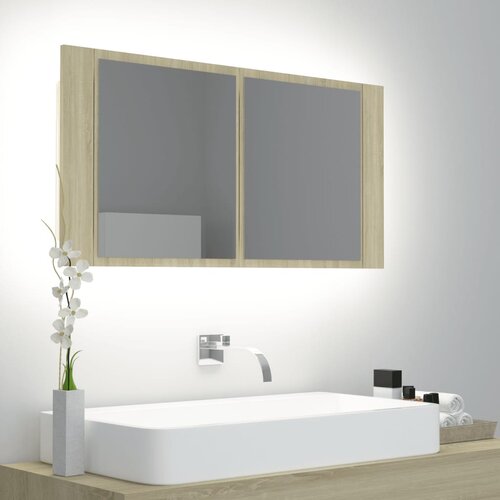 VidaXL LED kupaonski ormarić s ogledalom boja hrasta 90 x 12 x 45 cm Slike