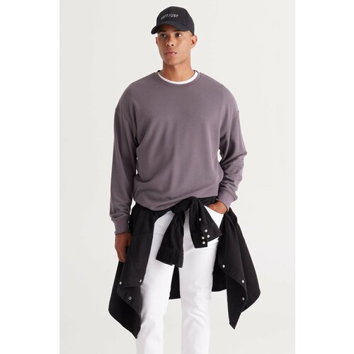 AC&Co / Altınyıldız Classics Men's Dark Gray Loose Fit Fleece Inside 3 Thread Crew Neck Jacquard Sweatshirt Slike
