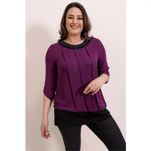 By Saygı Plum Plus Size Chiffon Blouse with Beads on the Collar and Pleats on the Front.