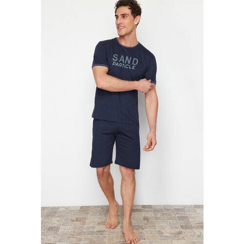Trendyol Navy Blue Crew Neck Regular Fit Pajama Set with Knitted Shorts Slike