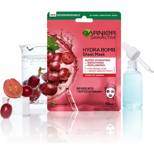 Garnier Skin Naturals Hydra Bomb Natural Origin Grape Seed Extract vlažilna in posvetlitvena platnena maska ​​proti staranju 1 ks za ženske