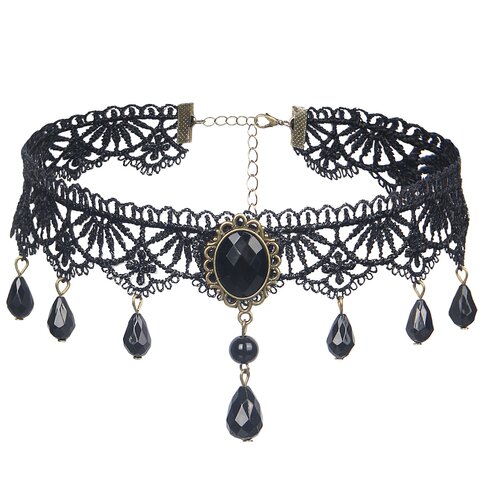 SuperLove Vintage Lace Gemstone Bead Pendant Choker Black Cene