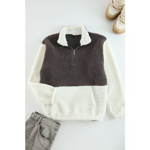 Trendyol Smoke Unisex Oversize/Wide Cut Color Block Stand Collar Warm Plush Sweatshirt Slike