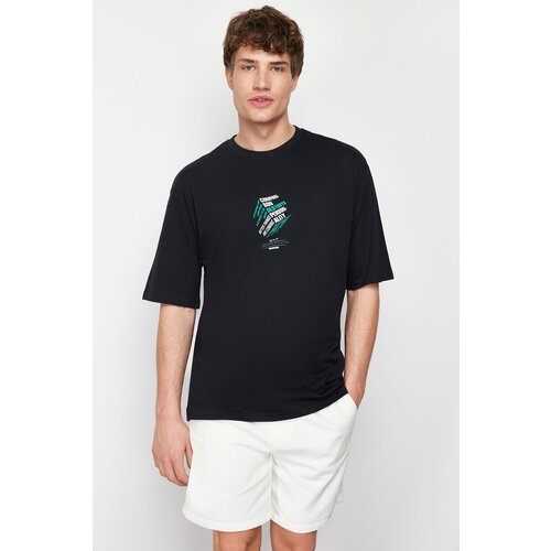 Trendyol men's black oversize/wide-fit 100% cotton ruffle text print t-shirt Slike