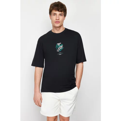 Trendyol Men's Black Oversize/Wide-Fit 100% Cotton Ruffle Text Print T-Shirt