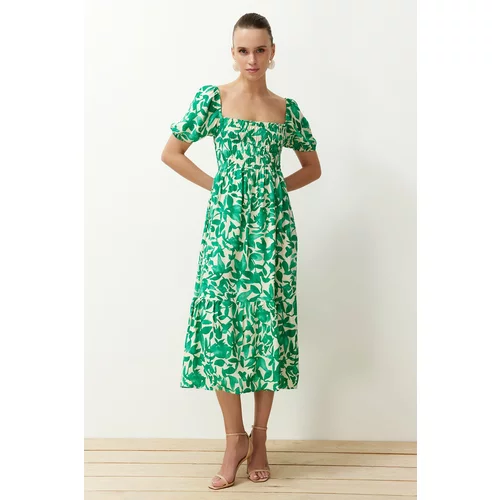 Trendyol Green Floral Skater Gown Neck Detailed Shally Midi Woven Dress