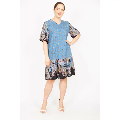 Şans Women's Blue Plus Size Woven Viscose Fabric Shawl Patterned Dress