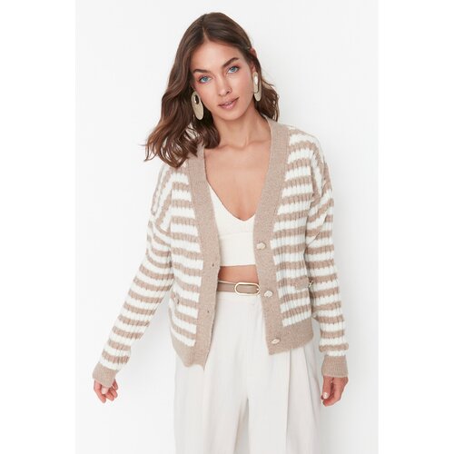 Trendyol Camel Striped Knitwear Cardigan Slike