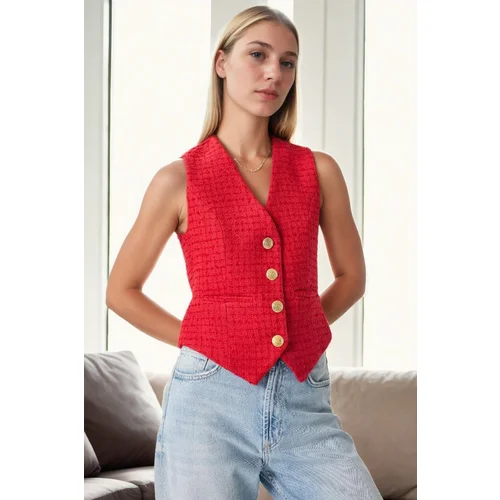 Dewberry 32534 Metal Button Detailed Tweed Women Vest-RED