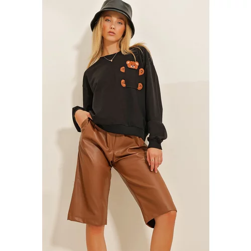 Trend Alaçatı Stili Women's Black Crewneck Sweatshirt with Pockets Embroidered Teddy bears