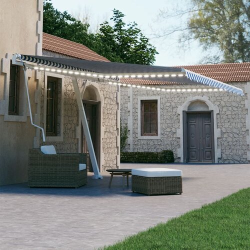 vidaXL Avtomatska tenda LED + senzor 450x300 cm modra in bela Cene