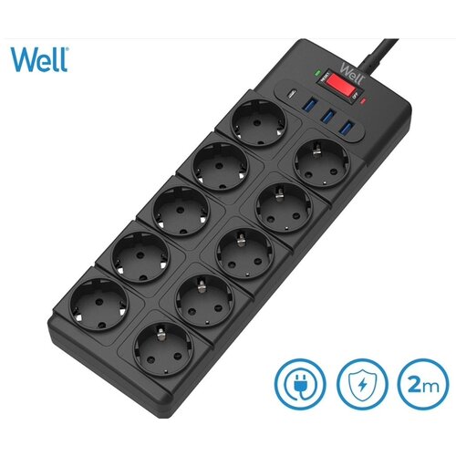 Well prenapetostna zaščita EXTS-10S2M, 10x vtičnica 230V + 3x USB, 1xUSB-C, 16A, 3680W, 2m Cene