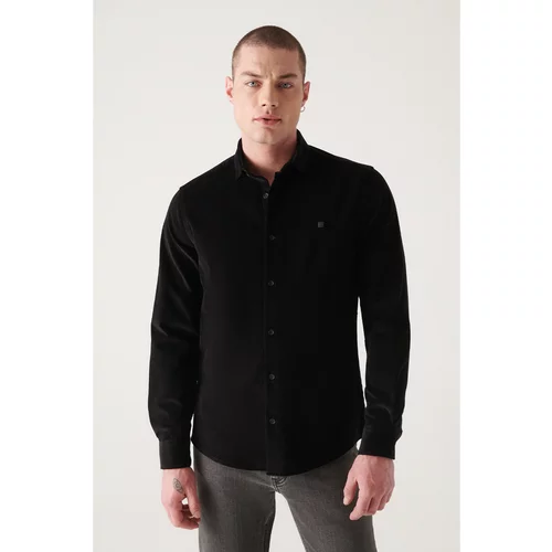 Avva Men's Black Velvet Button Collar Cotton Slim Fit Slim Fit Shirt