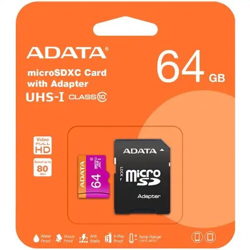 Adata micro sd card 64gb + sd adapter ausdx64guicl10-ra1class10 ( AD009 ) Cene